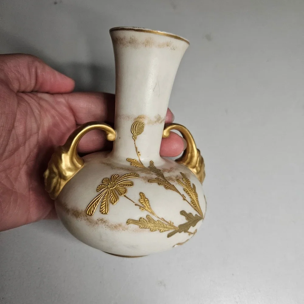 Antique Royal Worcester Miniature Bud Vase Gilt Botanical Figural Handles 880